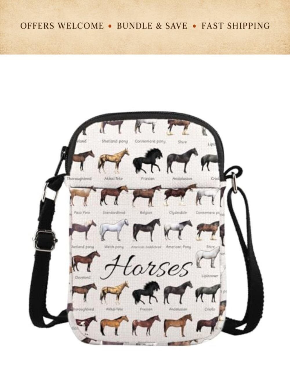 Canvas Crossbody Bag Horse Animal Print Zip Satchel Purse Gift for Women